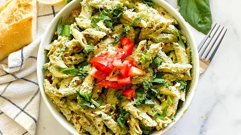 bowl of tofu pesto pasta