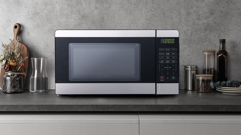 Microwave oven on kitchen counter