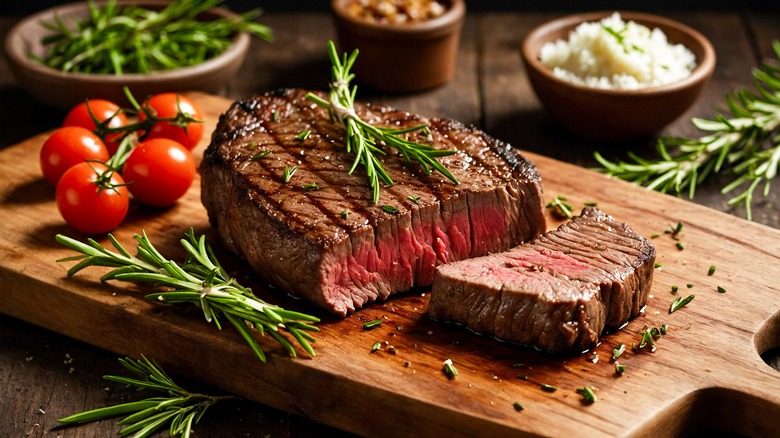 Pink steak on wooden board