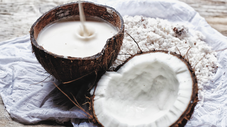 Coconut halves with milk