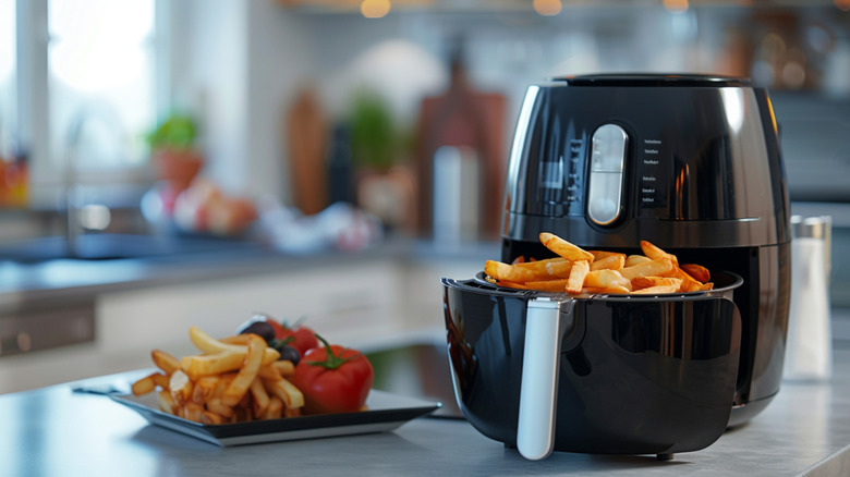 Black air fryer on a kitchen counter with a plate of fries