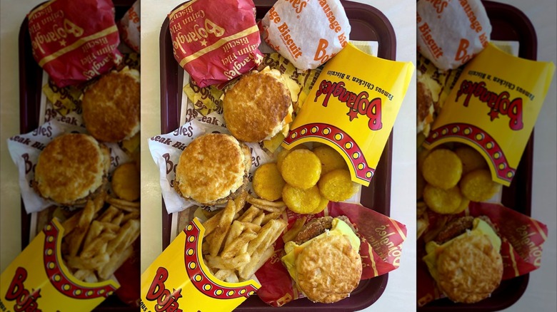 A tray is filled with breakfast items from Bojangles.