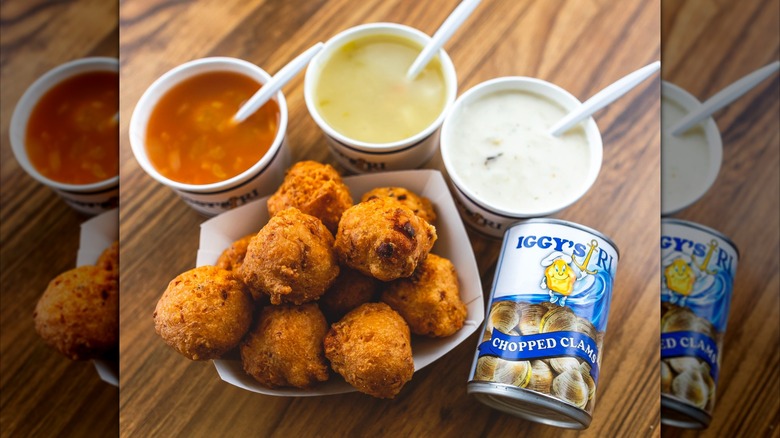 Clam cakes with chowder and can