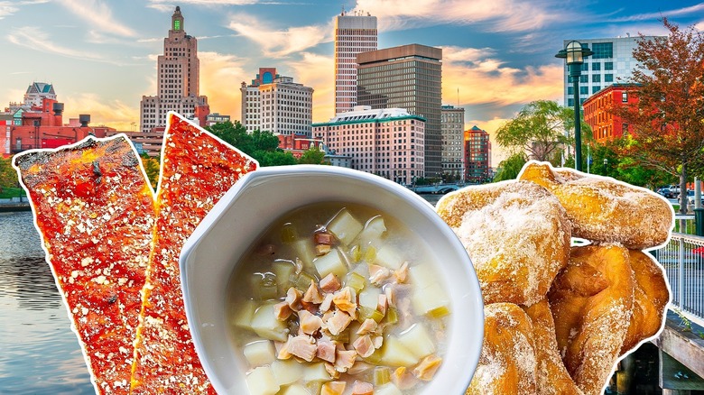 Rhode Island pizza, clam chowder, and fried donuts in front of the Providence skyline