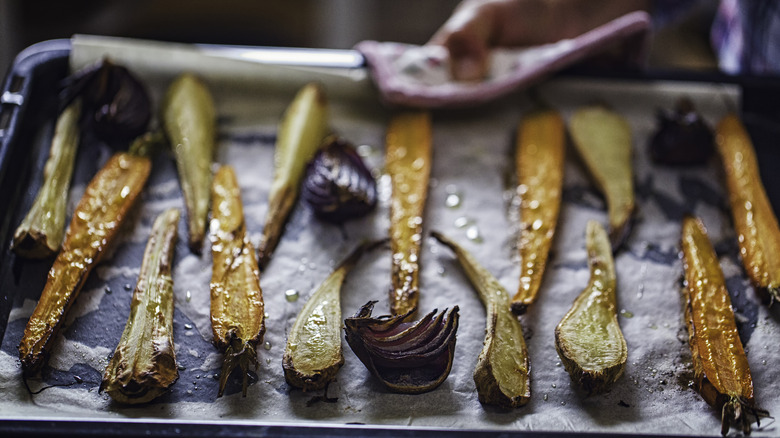 Roasted vegetables on a tray