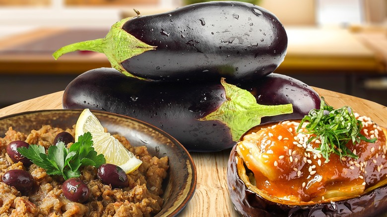 Whole eggplants and some eggplant dishes