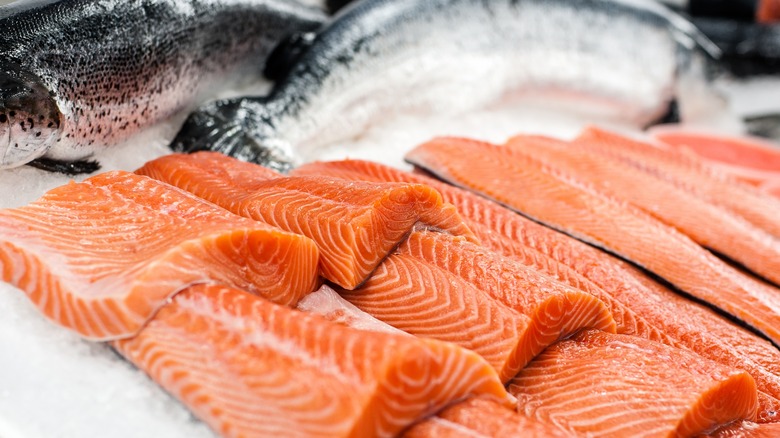 Rows of fresh salmon fillets