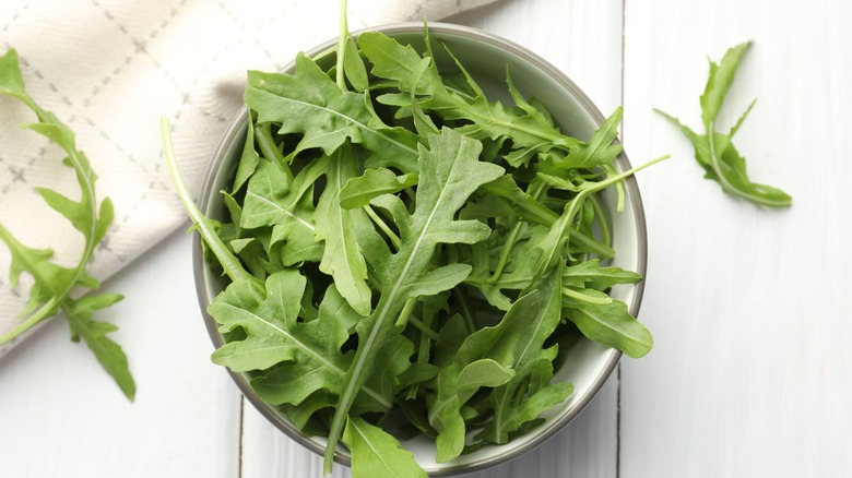 Raw arugula salad in a gray bowl and a white bacground