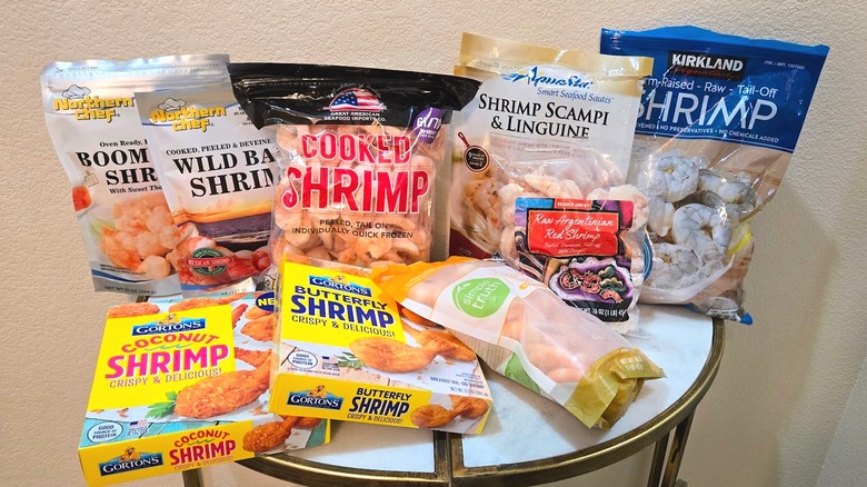 Bags and boxes of frozen shrimp