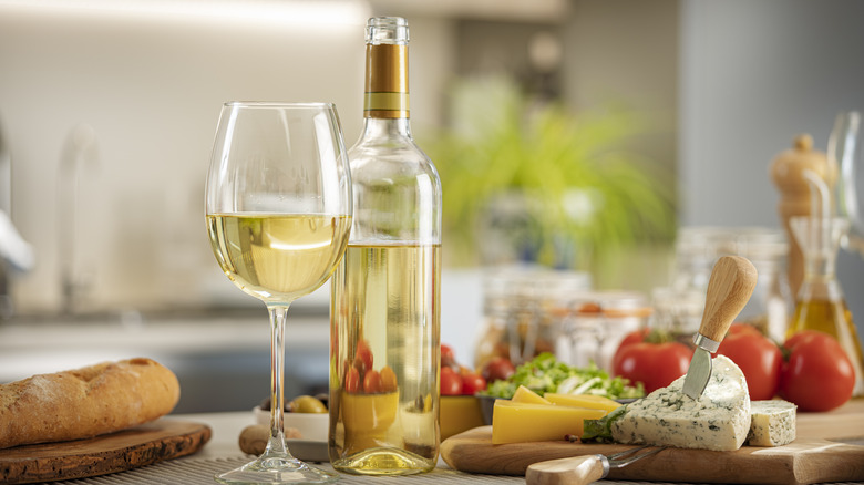 White wine bottle on table