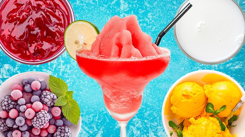 Frozen cocktail in the center surrounded by bowls of other ingredients