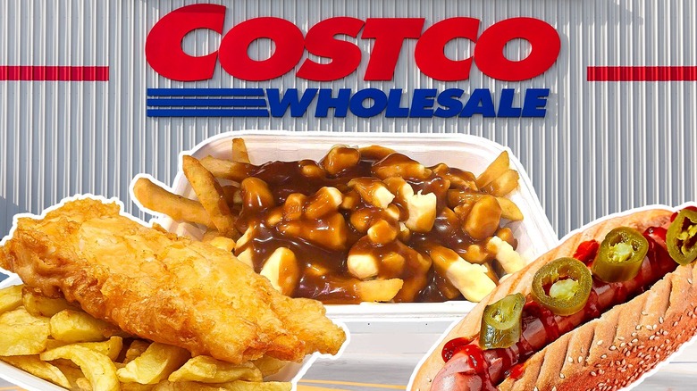 Hot dog, poutine, and fish and chips against Costco exterior