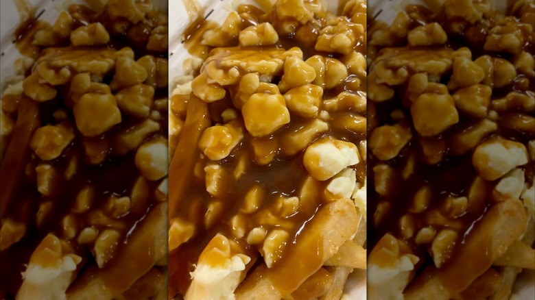 Closeup of Costco fries loaded with gravy and cheese curds