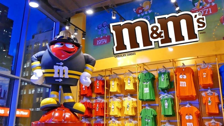 Interior shot of M&M's World New York's wall of merch