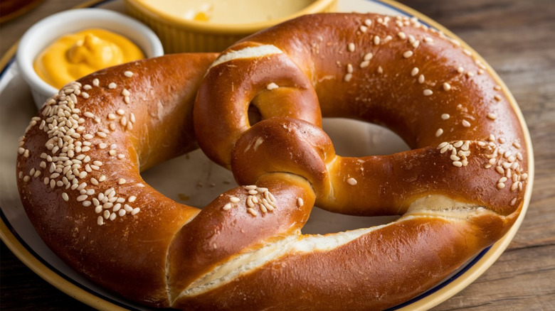 Soft pretzel with mustard for dipping