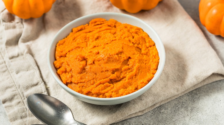 Bowl of pumpkin puree surrounded by pumpkins