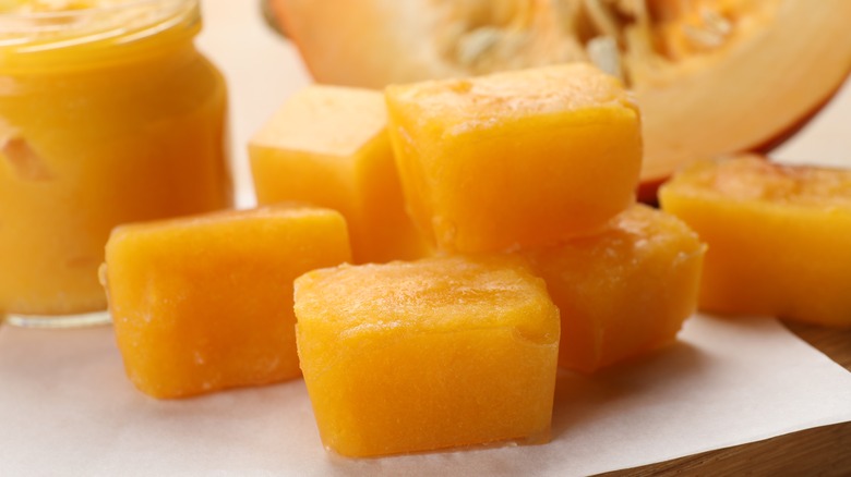 Frozen cubes of pumpkin puree