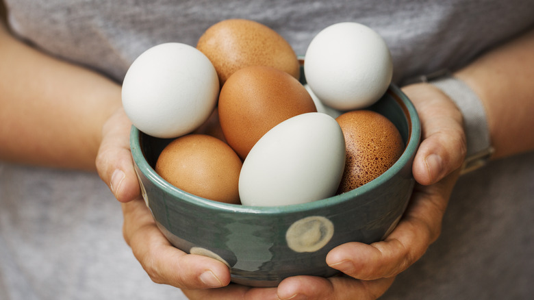 Hands holding a bowl of brown and white eggs