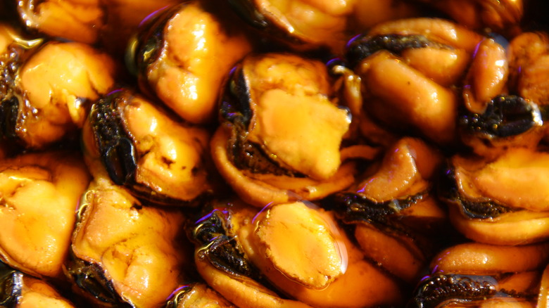 Closeup of smoked oysters