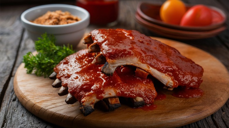 two racks ribs wooden plate 