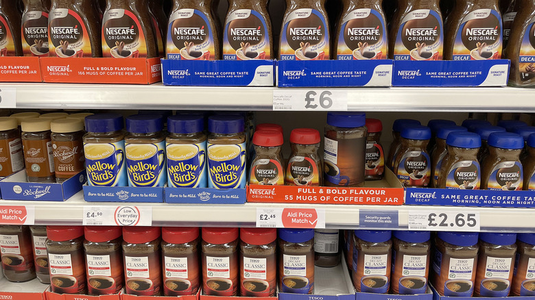 Supermarket shelf of instant coffee 