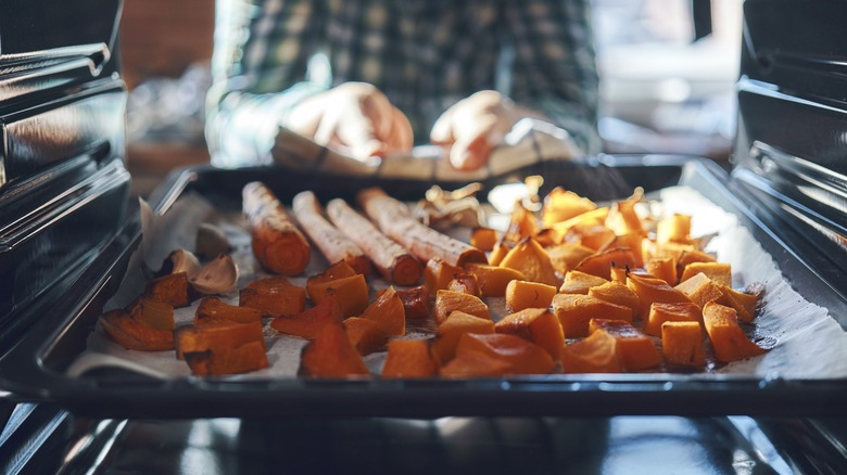 Vegetables coming out of oven