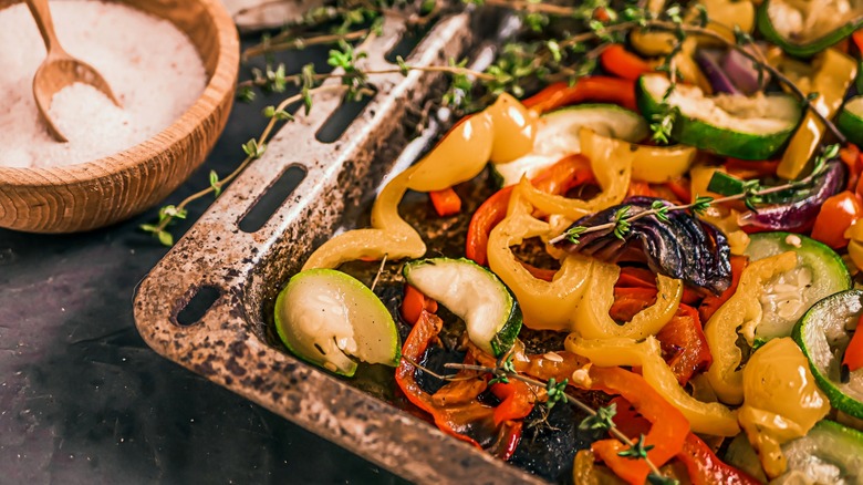 Sheet pan next to bowl of salt