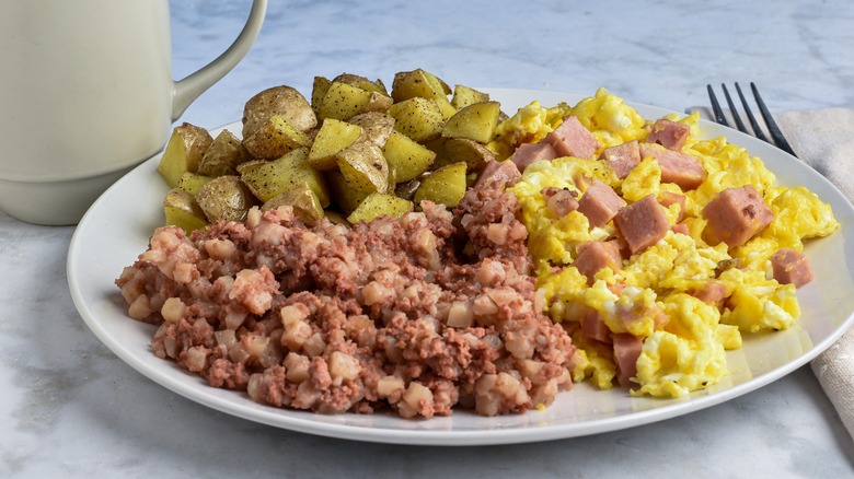 Spam and corned beef omelete on table