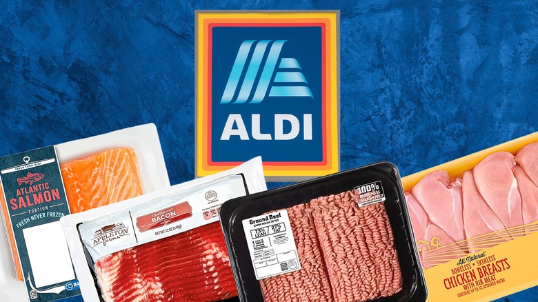 Various Aldi meat products underneath the chain's logo against a blue background