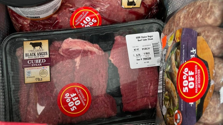 Aldi groceries including meat with 50% off stickers