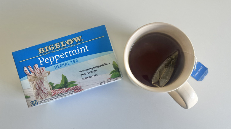 bigelow peppermint herbal tea in mug and box