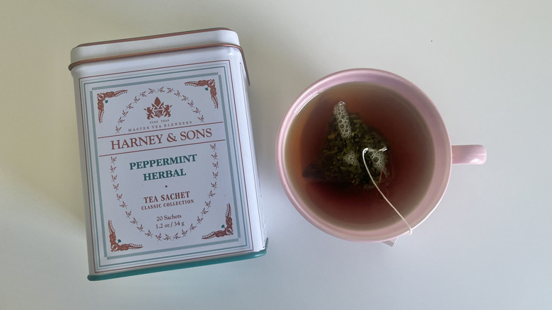 harney & sons peppermint herbal tea tin and cup of tea