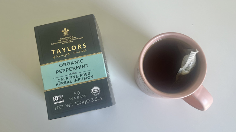 Box of Taylors of Harrogate peppermint tea with mug