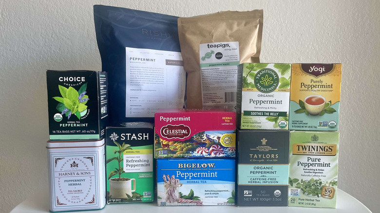 various peppermint tea brands on a table