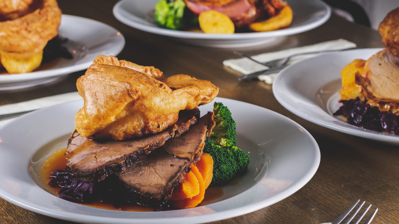 Plate of a traditional Sunday roast dinner at a restaurant