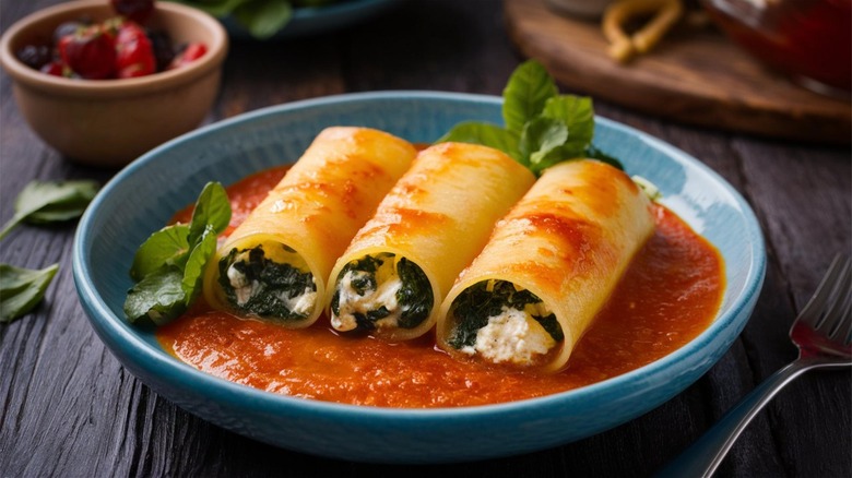 Cannelloni in a blue bowl