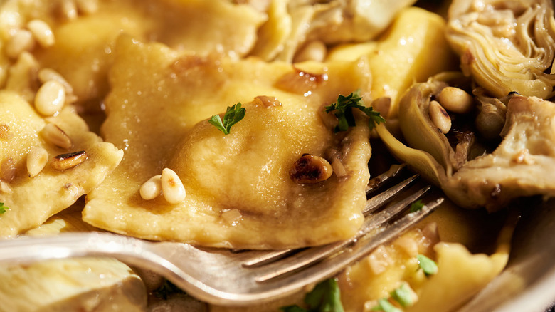 close up of artichoke ravioli