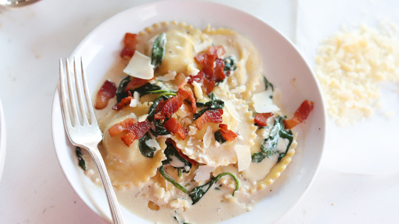 ravioli with bacon chunks