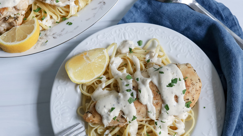 Creamy chicken pasta on a plate