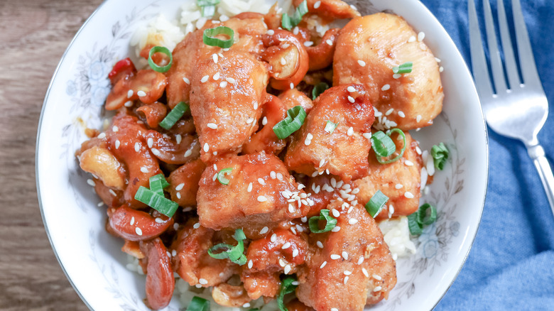 Cashew chicken in a bowl