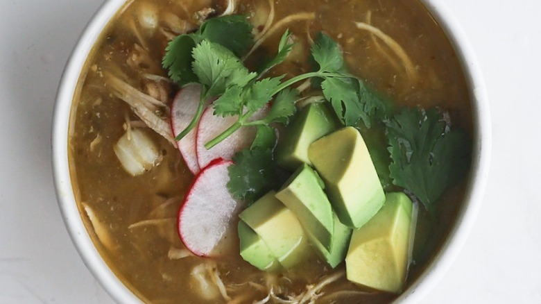 Bowl of chicken pozole verde