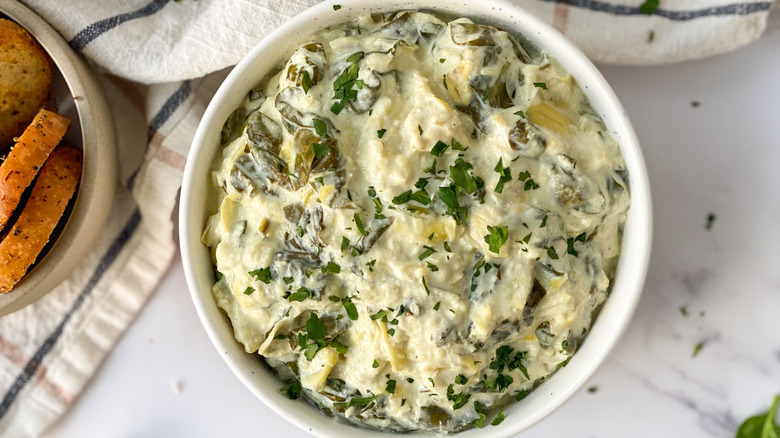 Spinach and artichoke dip in a bowl