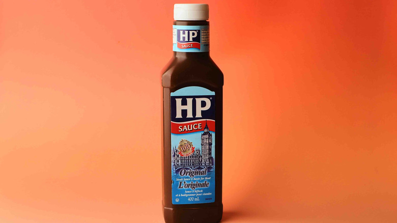 A bottle of HP steak sauce is displayed.