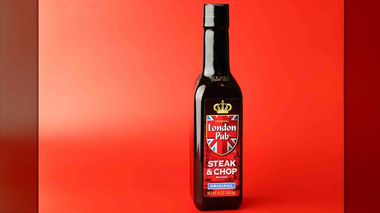 A bottle of London Pub steak sauce is displayed.