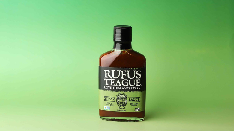 A bottle of Rufus Teague's steak sauce is displayed.