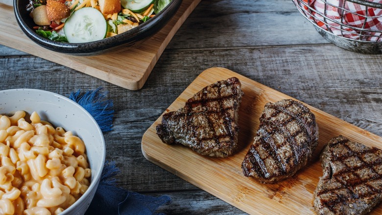 steak, macaroni, and salad from Logan's Roadhouse