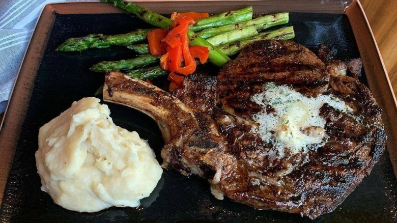 steak, mashed potatoes, and asparagus from McCormick & Schmick's