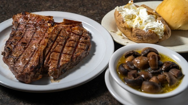 steak mushrooms, baked potatoes, and roll from York Steak House