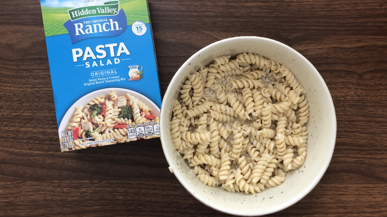 Bowl of Hidden Valley Ranch pasta salad