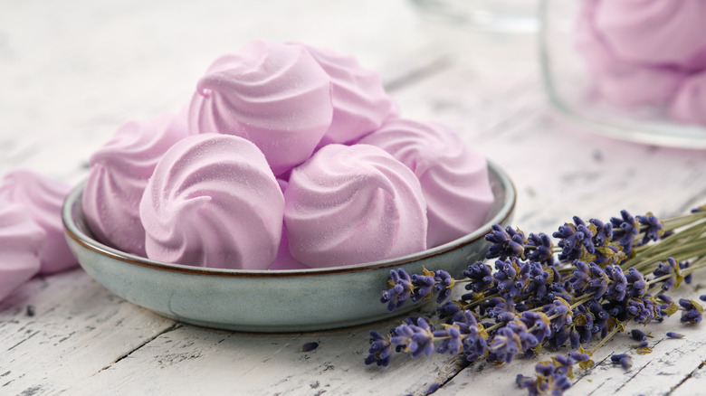 Lavender meringues on plate